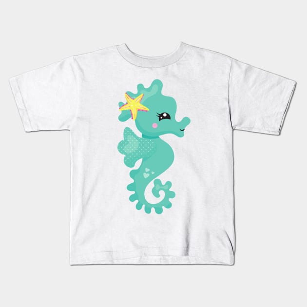 Cute Seahorse, Green Seahorse, Starfish, Hearts Kids T-Shirt by Jelena Dunčević